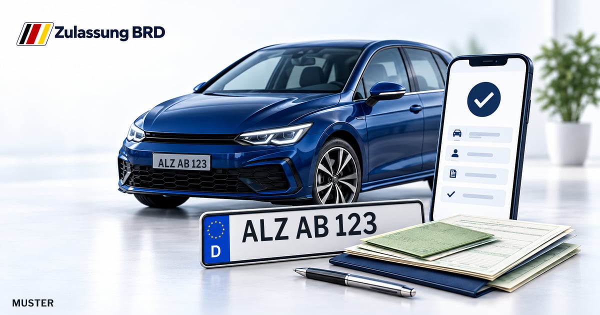 Online Fahrzeugzulassung in Alzenau: Musterkennzeichen ALZ AB 123, Auto und Fahrzeugpapiere und Smartphone. Illustration mit Logo von Zulassung BRD.